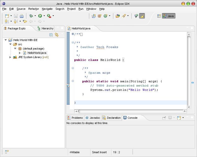 Image showing the edited HelloWold.java file in Eclipse