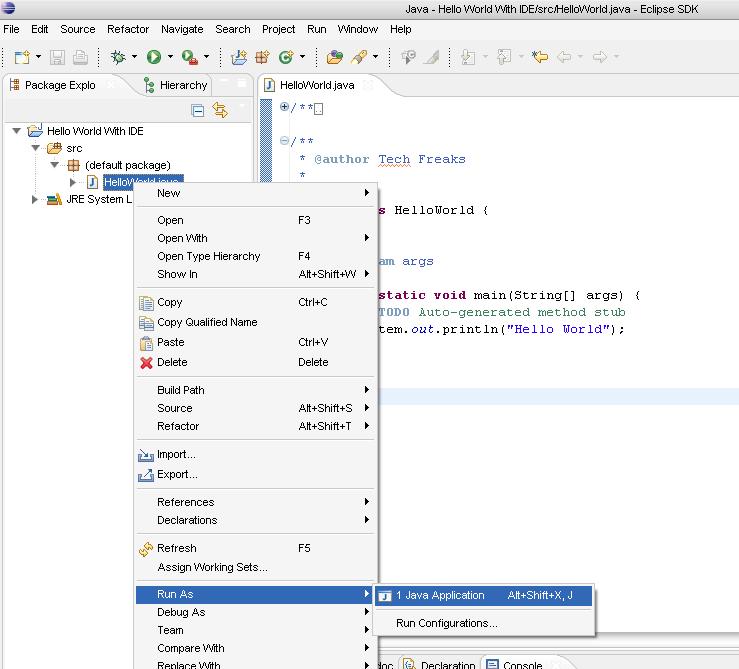 Eclipse image showing the way to run HelloWorld.java file