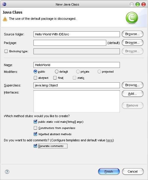 Eclipse image showing the declaration of New Java Class inside HelloWorld Project