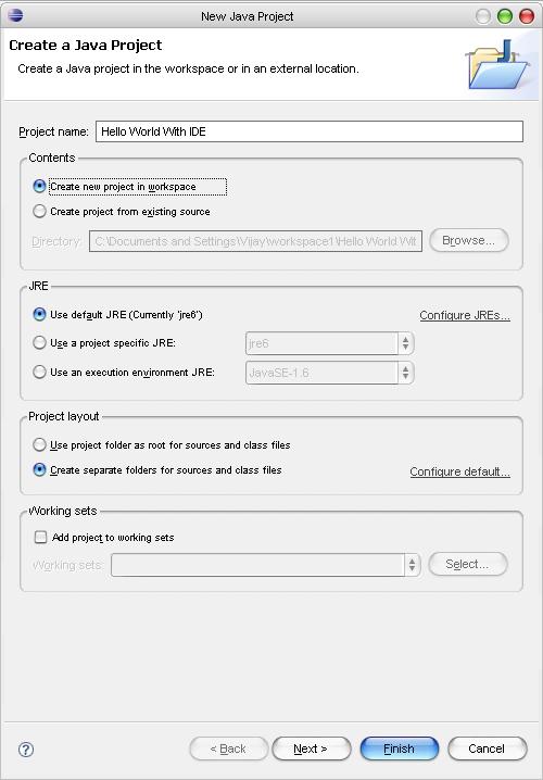 Image showing the enteries for defining new Java Project