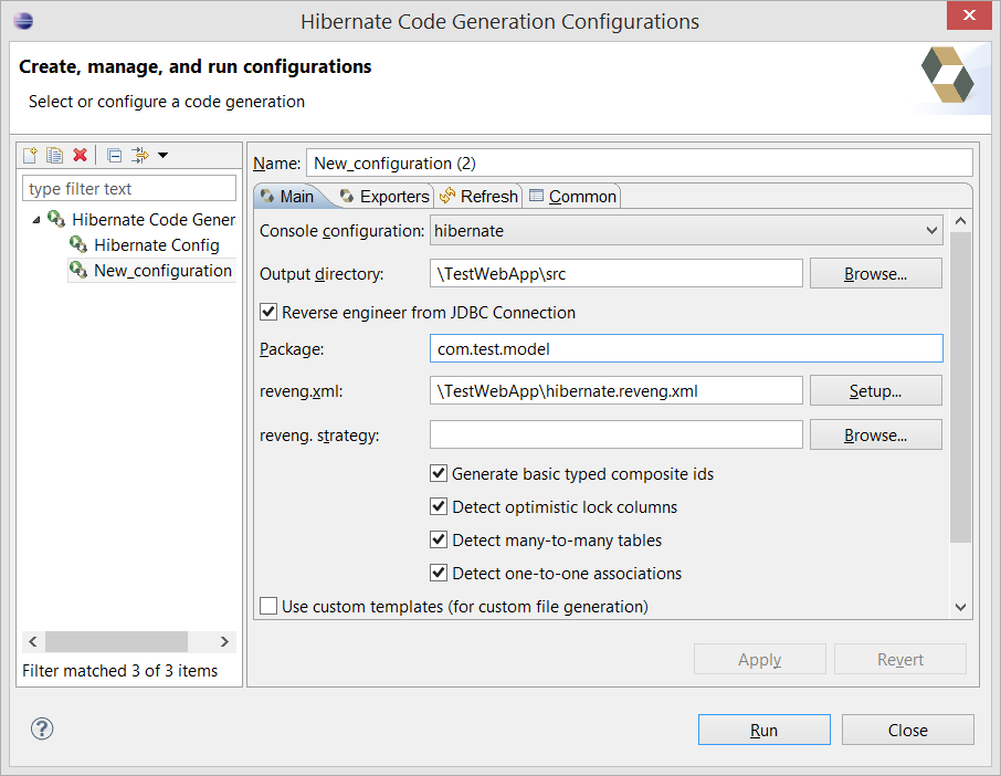 Hibernate code generation main tab