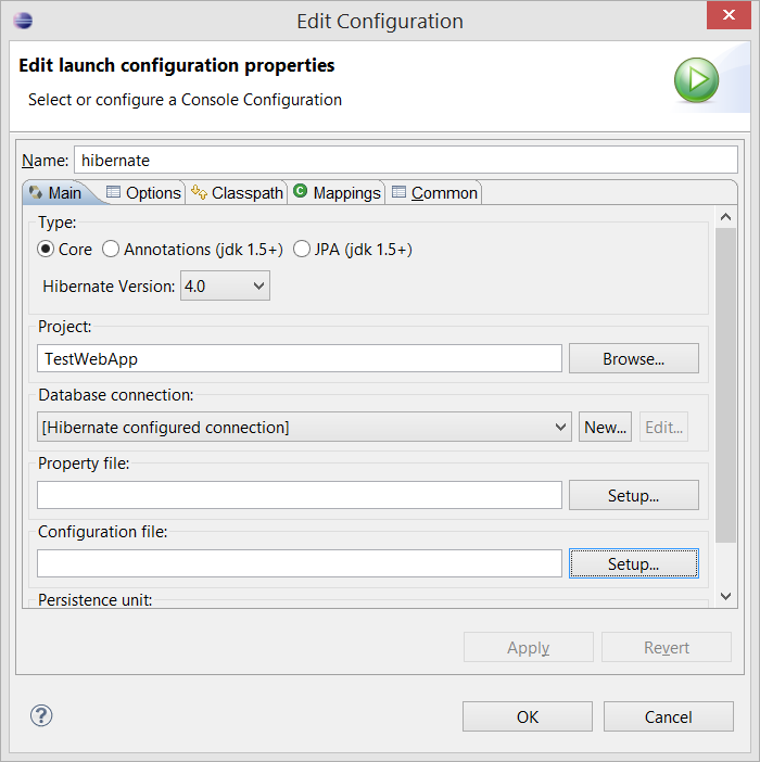 Hibernate Edit Configuration