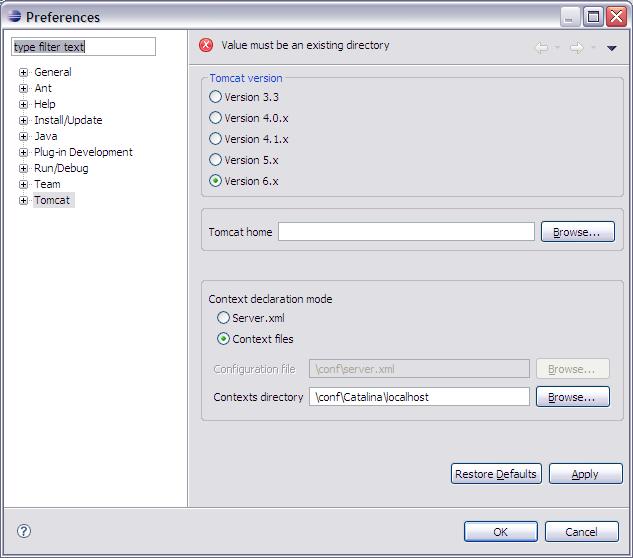 Eclipse Tomcat Preference page